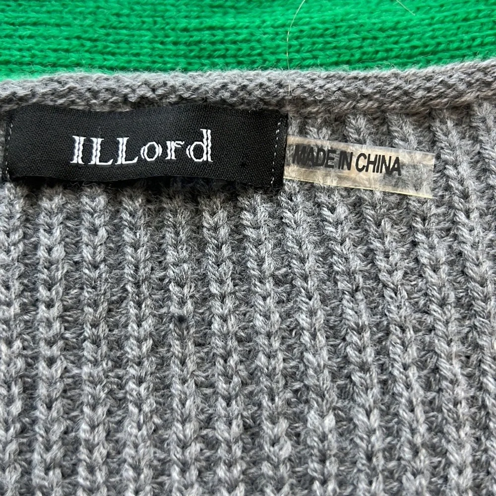ILLORD Maxi Knit Cardigan w/Fringe Hem One Size 100% Acrylic Gray, Green & Blue